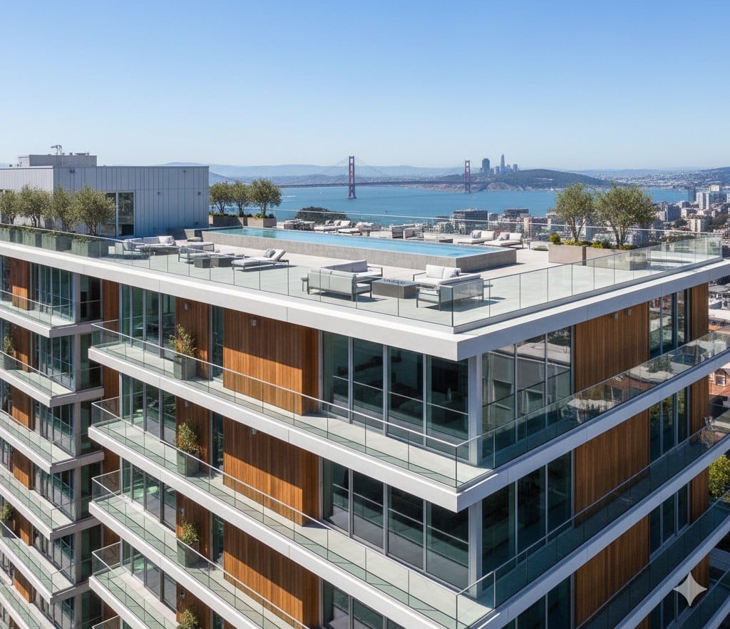 apartement with a pool and bridge